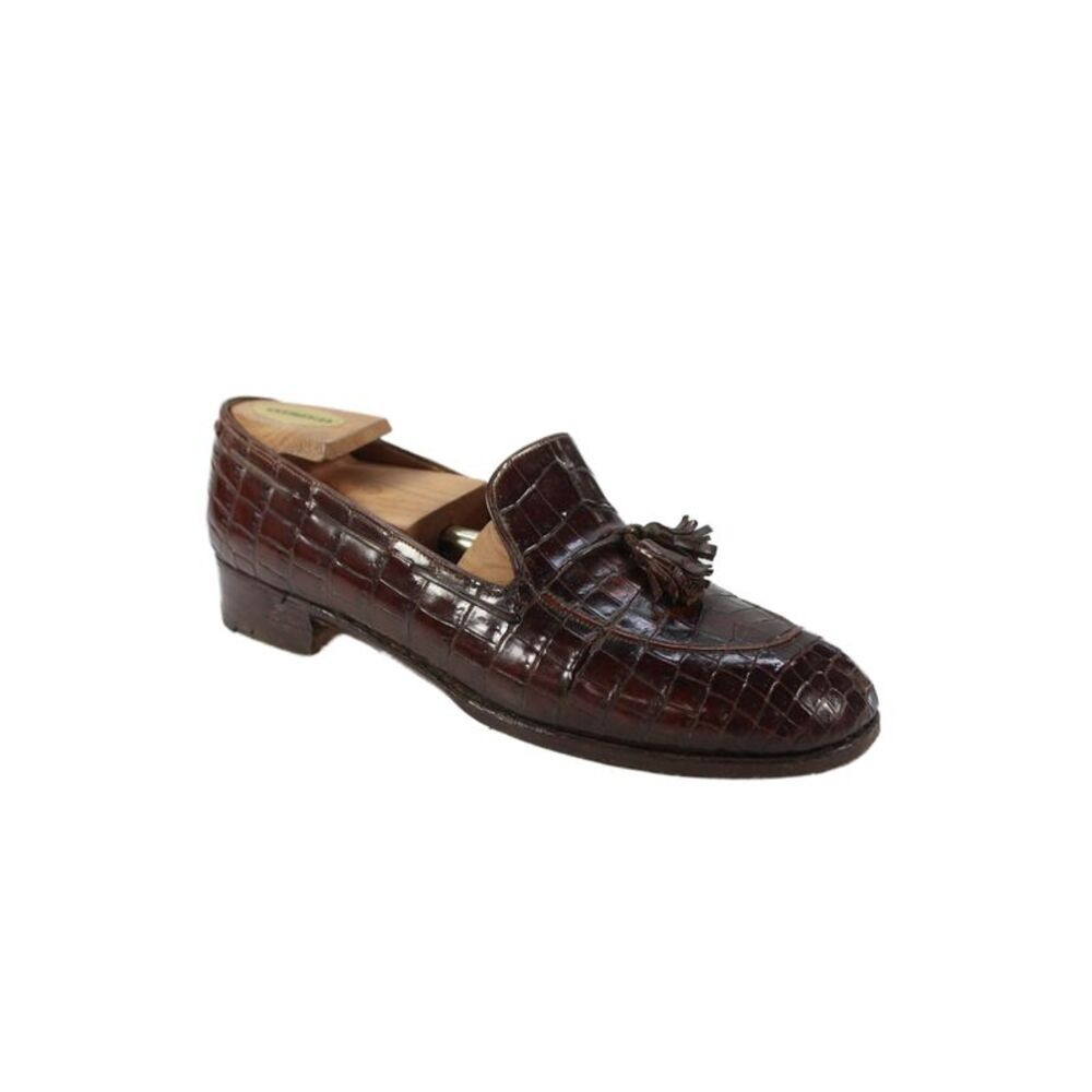John Lobb Mens Crocodile Tassel Detail Loafers Shoes Brown Size 8.5